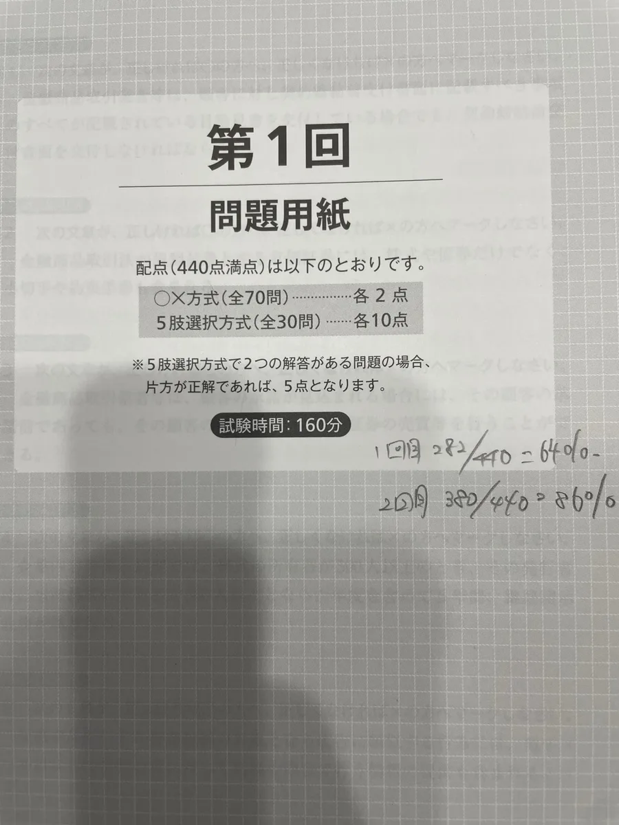 第1回模試の表紙に書いた得点メモ。1周目282/440点(64%)、2周目380/440点(86%)