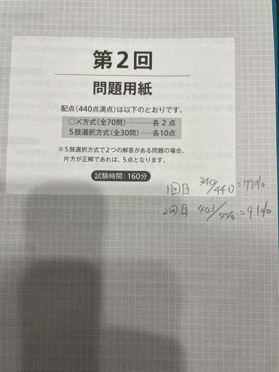 第2回模試の得点メモ。1周目77%から2周目91%へ